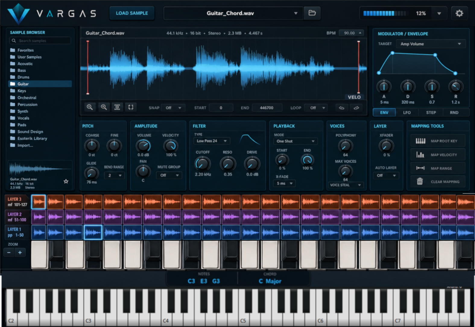 Approved Vargas sampler interface showing waveform editing, velocity layers, mapping controls and piano keyboards